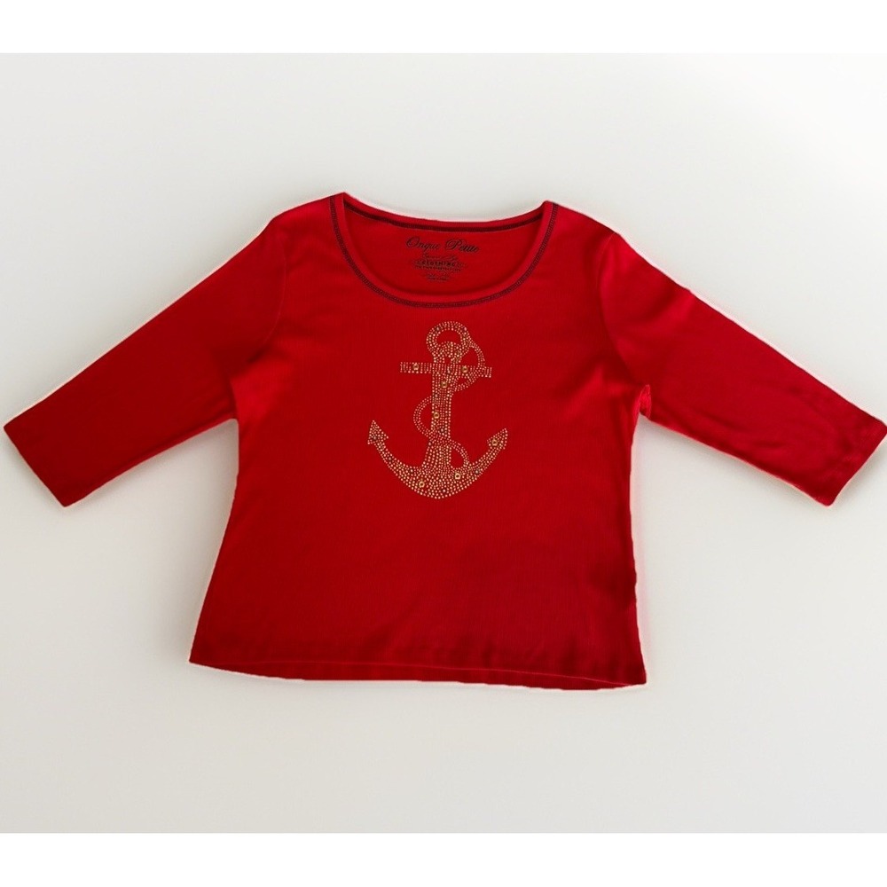 Onque PL Red Nautical Gold Sequence Anchor Boat Neck 3/4 Sleeve Pullover NWOT